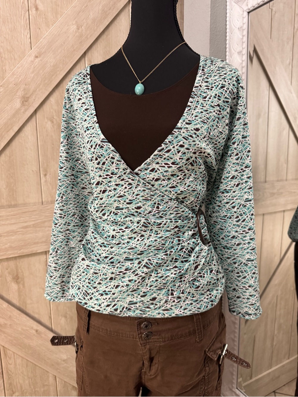 Y2K Elementz Teal & Brown Wrap Top - Large